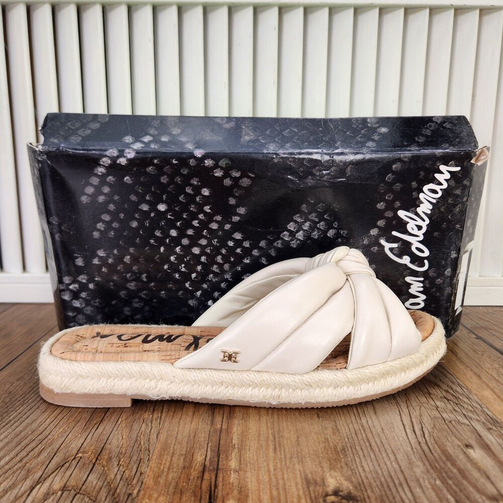 Sam Edelman Abbene Ivory Leather Slides Womens Sz 7.5 M Cork Espadrille Sandals